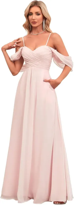 Women's Off The Shoulder Bridesmaid Dresses with Pockets Chiffon Pleated Long Formal Evening Gowns BD23
