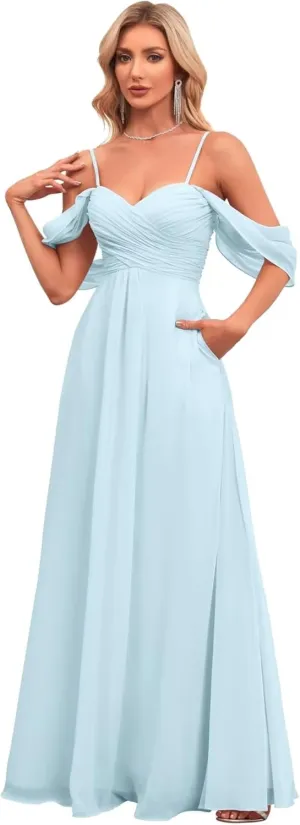 Women's Off The Shoulder Bridesmaid Dresses with Pockets Chiffon Pleated Long Formal Evening Gowns BD23
