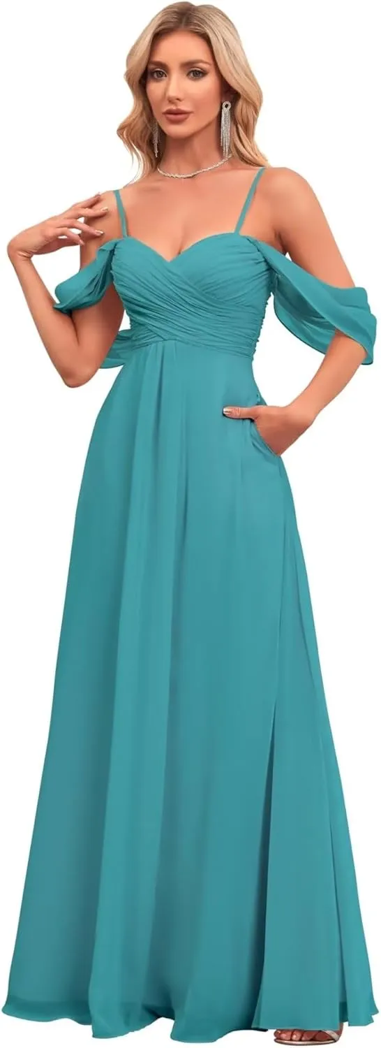 Women's Off The Shoulder Bridesmaid Dresses with Pockets Chiffon Pleated Long Formal Evening Gowns BD23