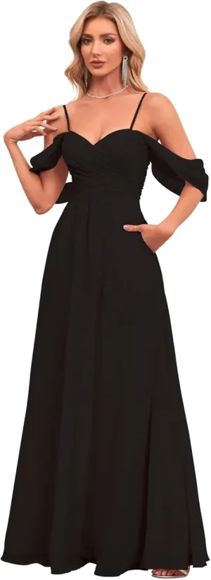 Women's Off The Shoulder Bridesmaid Dresses with Pockets Chiffon Pleated Long Formal Evening Gowns BD23