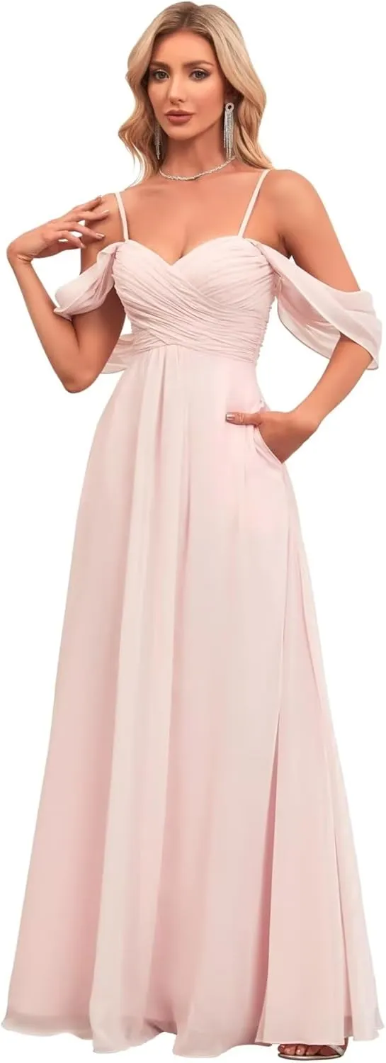 Women's Off The Shoulder Bridesmaid Dresses with Pockets Chiffon Pleated Long Formal Evening Gowns BD23