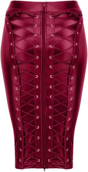 Women's Party Sexy Faux Leather Skirt Lace Up Zipper Bodycon Pencil Skirt High Waist Midi Package Hip Skirt