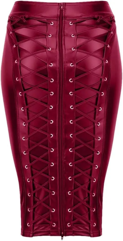 Women's Party Sexy Faux Leather Skirt Lace Up Zipper Bodycon Pencil Skirt High Waist Midi Package Hip Skirt