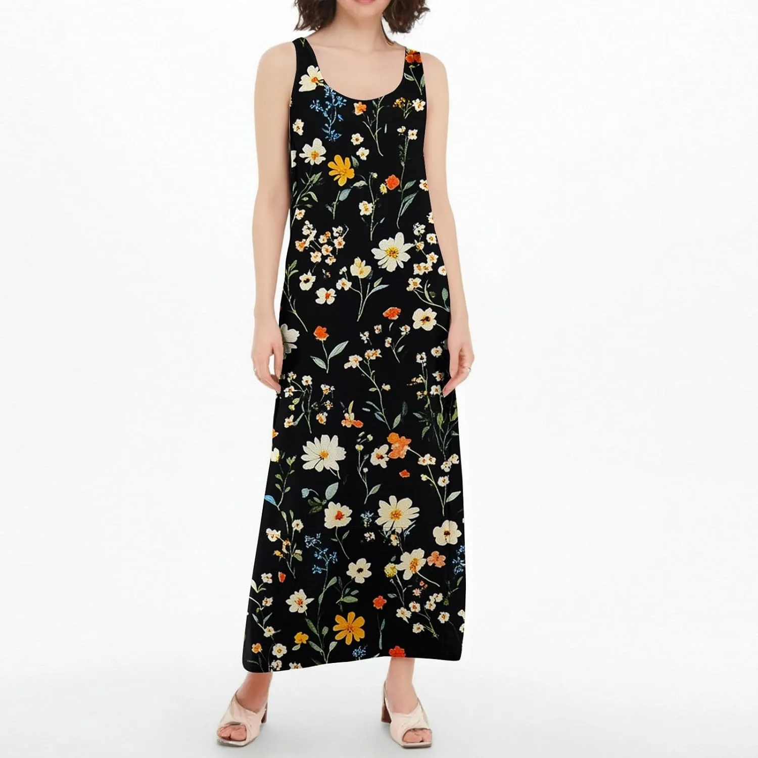 Women's Round Neck Sleeveless Loose Summer Beach Vest Dress with Casual Print 2025 Maxi Sundress