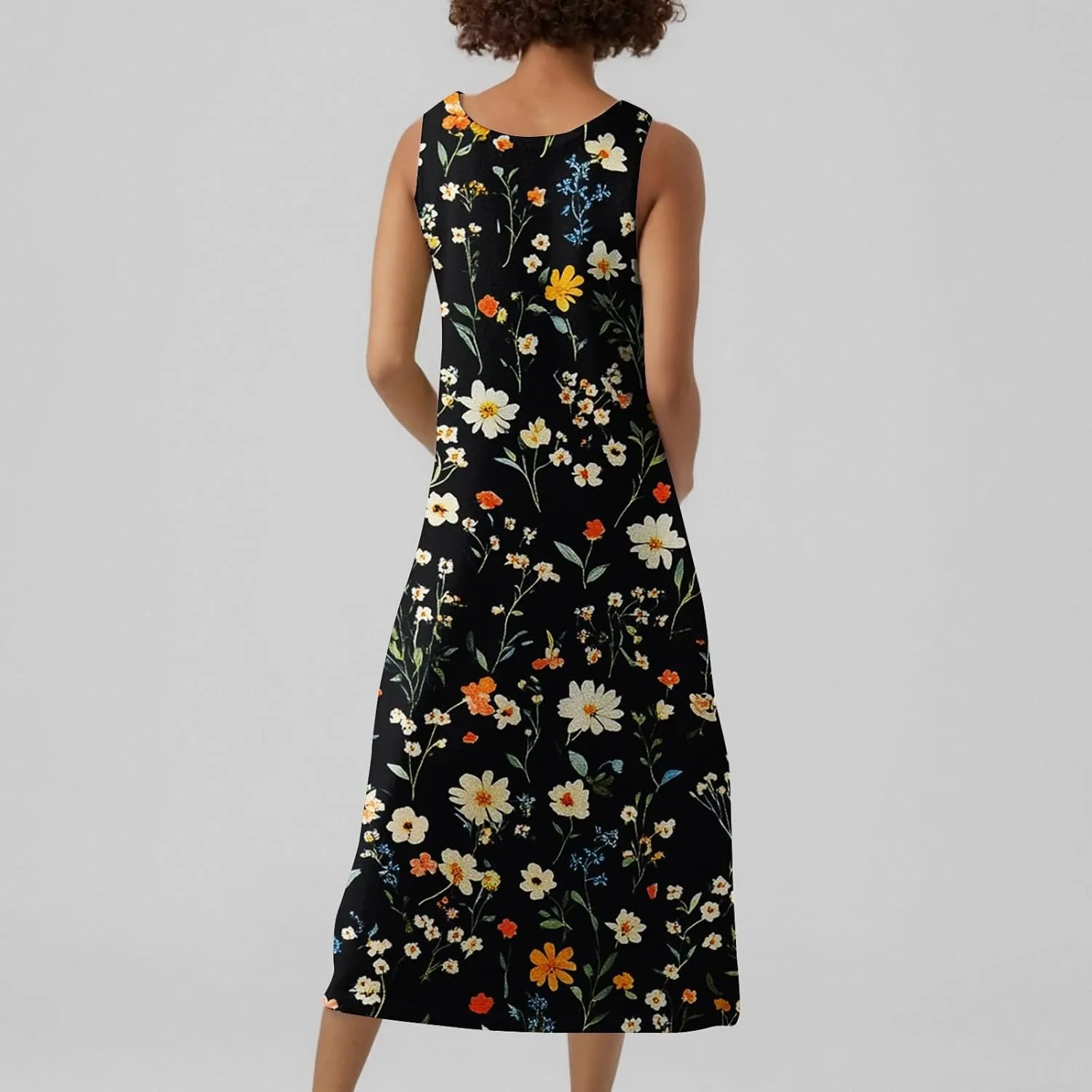 Women's Round Neck Sleeveless Loose Summer Beach Vest Dress with Casual Print 2025 Maxi Sundress