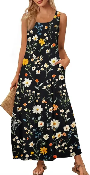 Women's Round Neck Sleeveless Loose Summer Beach Vest Dress with Casual Print 2025 Maxi Sundress