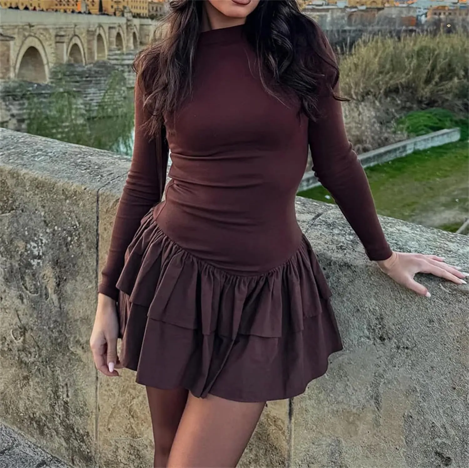 Women's Ruffle Layered Decorative Slim Mini Dress Long Sleeve Solid Color Casual Holiday Party Dress