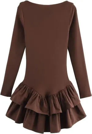 Women's Ruffle Layered Decorative Slim Mini Dress Long Sleeve Solid Color Casual Holiday Party Dress