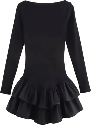 Women's Ruffle Layered Decorative Slim Mini Dress Long Sleeve Solid Color Casual Holiday Party Dress