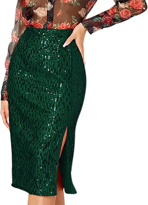 Women's Sequin Midi Skirt, Sexy High Waisted Side Split Bodycon Slim Skirts Fashion Evening Party Sparkly Clothes