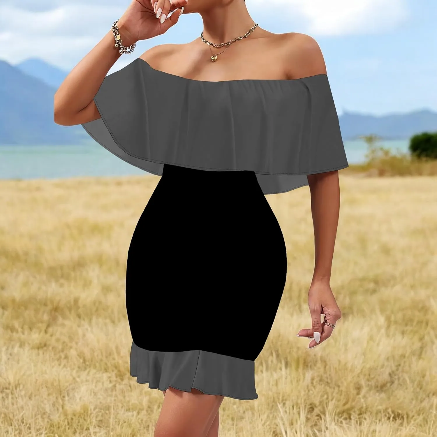 Women's Sexy Off The Shoulder Ruffle Bodycon Mini Cocktail Dress African Print Summer Evening Party Club S-3XL