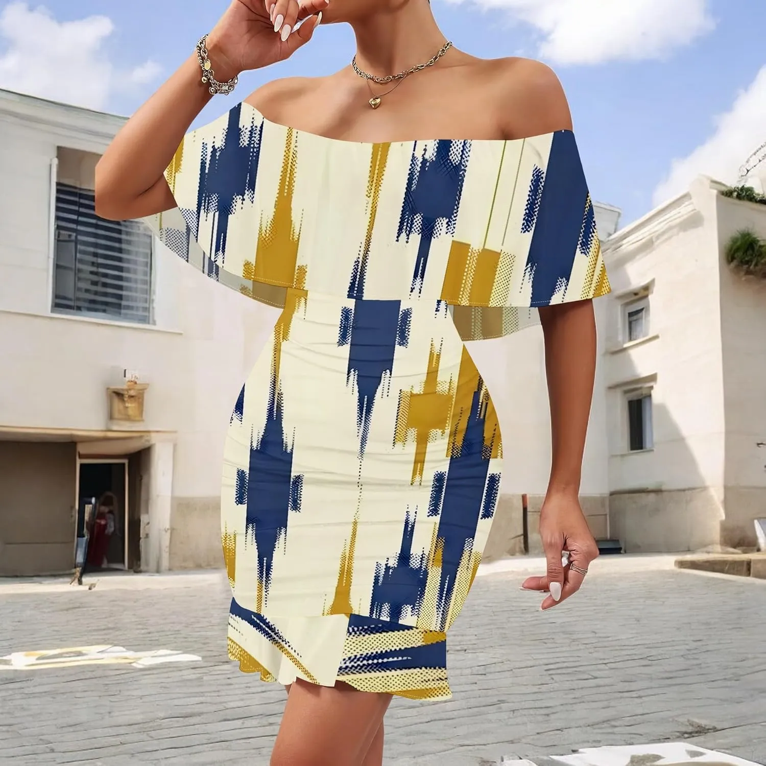 Women's Sexy Off The Shoulder Ruffle Bodycon Mini Cocktail Dress African Print Summer Evening Party Club S-3XL