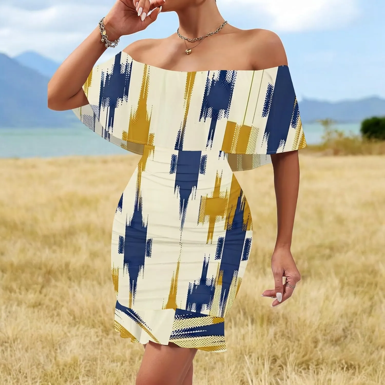 Women's Sexy Off The Shoulder Ruffle Bodycon Mini Cocktail Dress African Print Summer Evening Party Club S-3XL