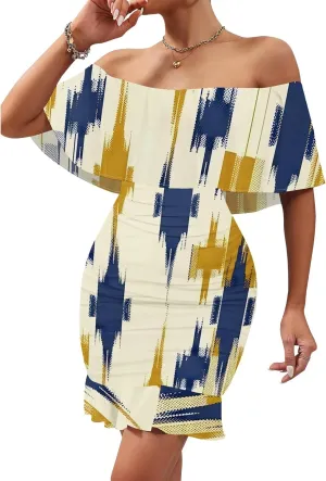 Women's Sexy Off The Shoulder Ruffle Bodycon Mini Cocktail Dress African Print Summer Evening Party Club S-3XL