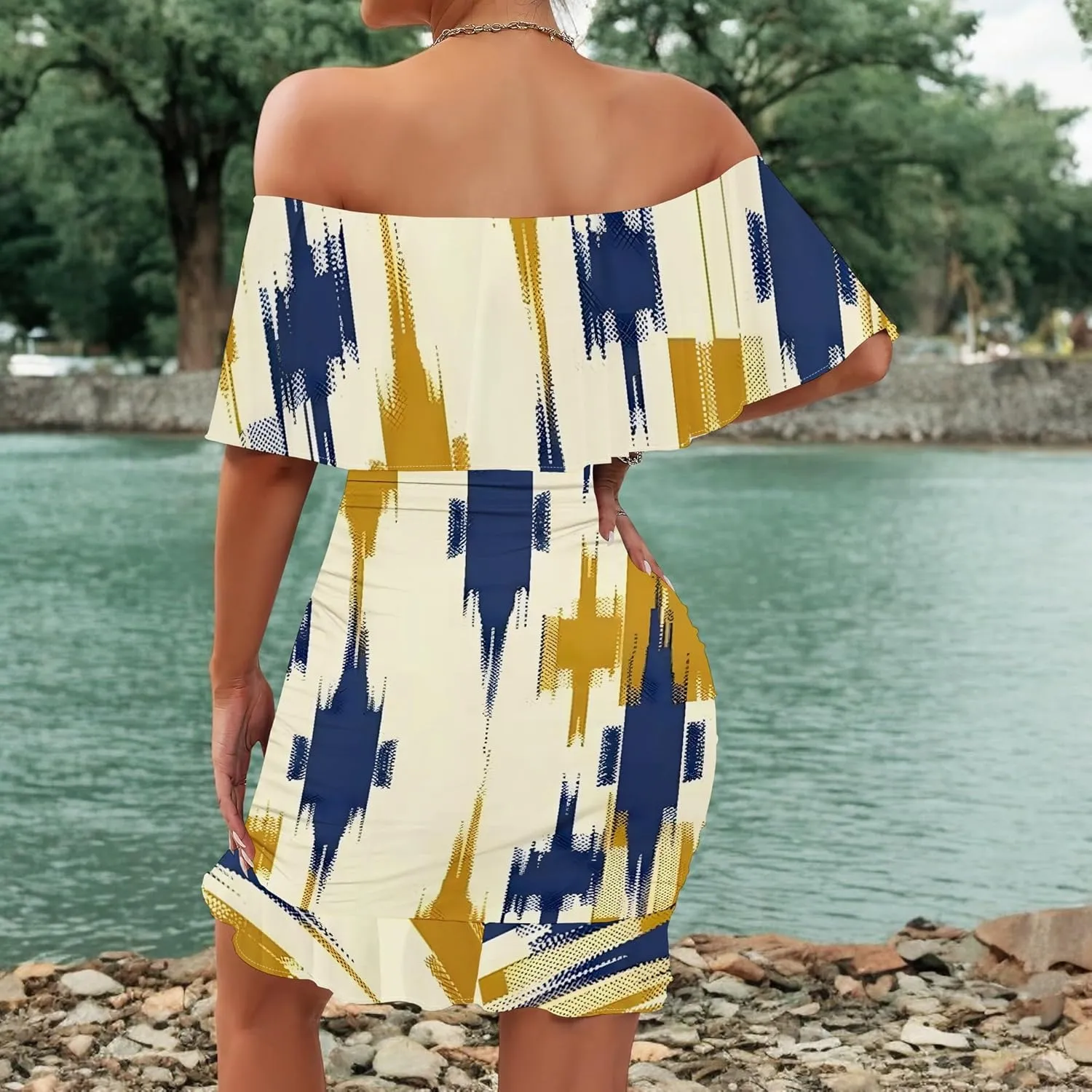 Women's Sexy Off The Shoulder Ruffle Bodycon Mini Cocktail Dress African Print Summer Evening Party Club S-3XL