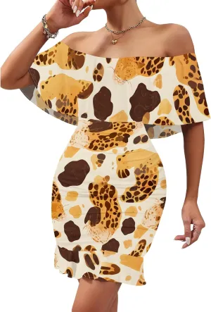 Women's Sexy Off The Shoulder Ruffle Bodycon Mini Cocktail Dress African Print Summer Evening Party Club S-3XL