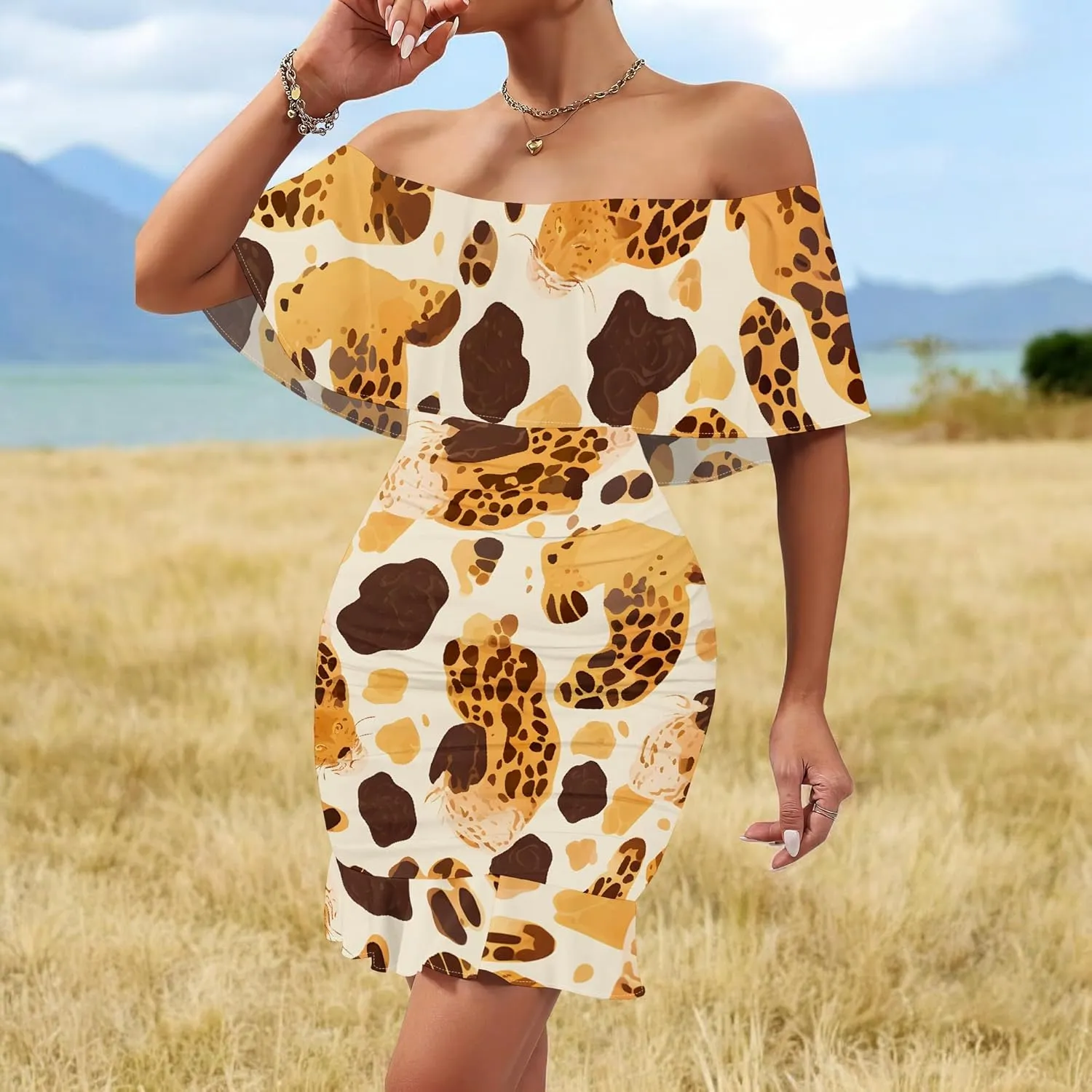 Women's Sexy Off The Shoulder Ruffle Bodycon Mini Cocktail Dress African Print Summer Evening Party Club S-3XL
