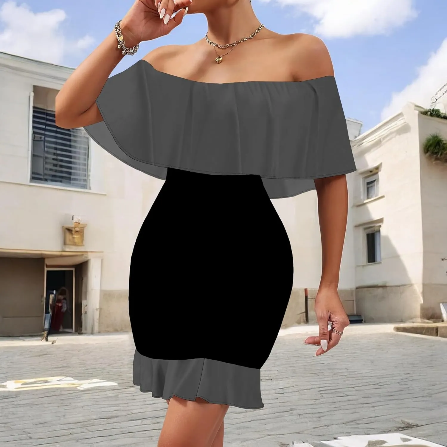 Women's Sexy Off The Shoulder Ruffle Bodycon Mini Cocktail Dress African Print Summer Evening Party Club S-3XL