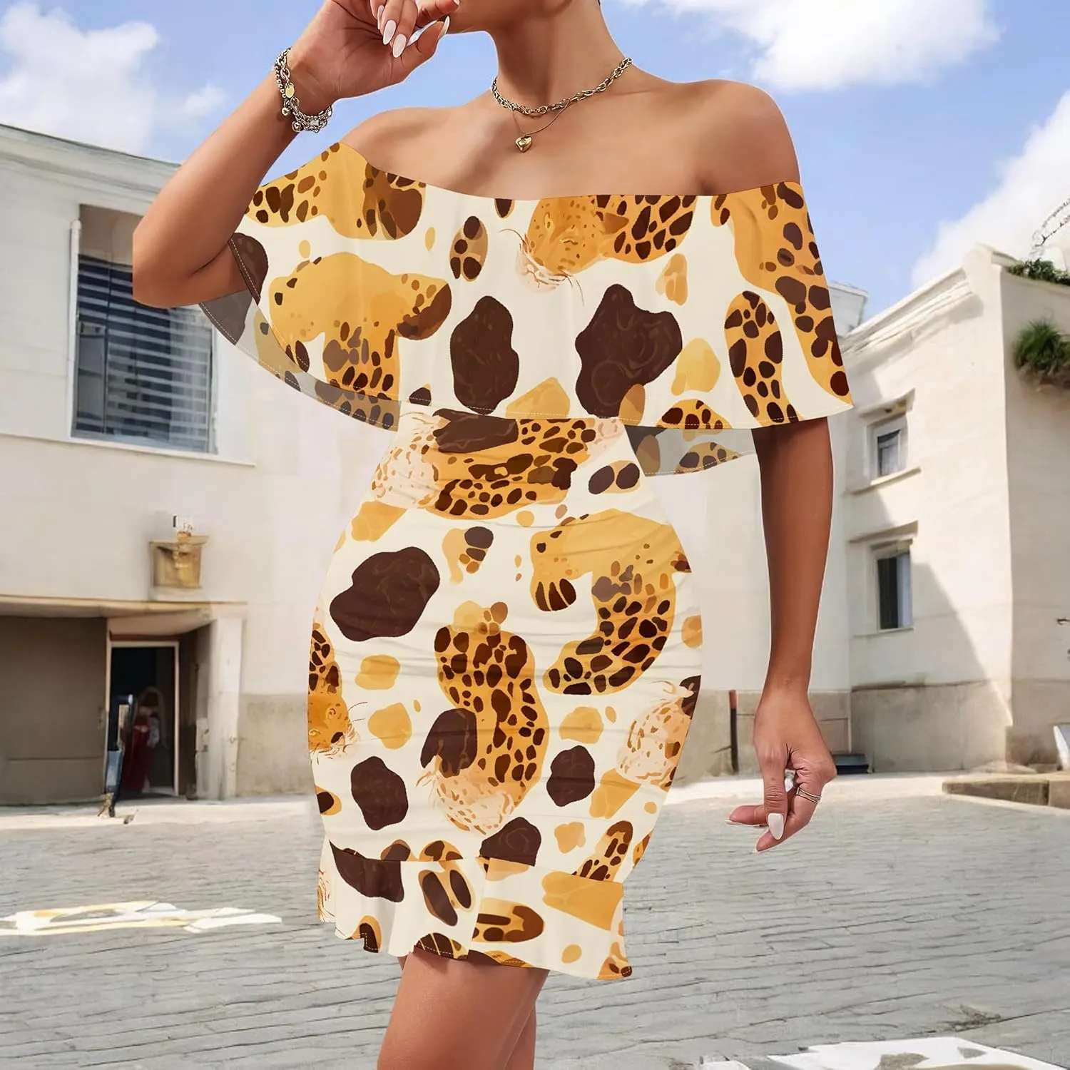 Women's Sexy Off The Shoulder Ruffle Bodycon Mini Cocktail Dress African Print Summer Evening Party Club S-3XL