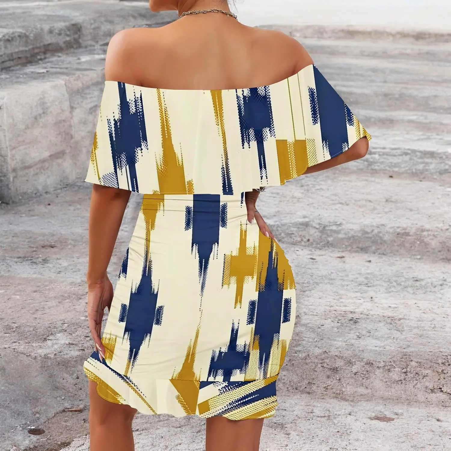 Women's Sexy Off The Shoulder Ruffle Bodycon Mini Cocktail Dress African Print Summer Evening Party Club S-3XL