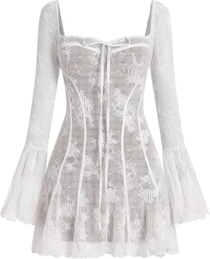 Women's Short Corset Y2k Mini Dress Long Sleeve Low Cut Lace Dress Vintage Solid Floral Party Dresses