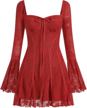 Women's Short Corset Y2k Mini Dress Long Sleeve Low Cut Lace Dress Vintage Solid Floral Party Dresses