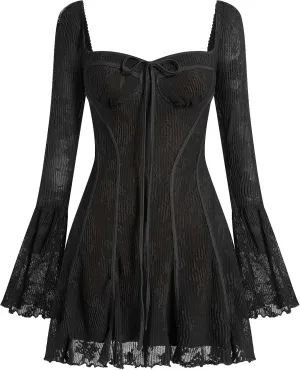 Women's Short Corset Y2k Mini Dress Long Sleeve Low Cut Lace Dress Vintage Solid Floral Party Dresses