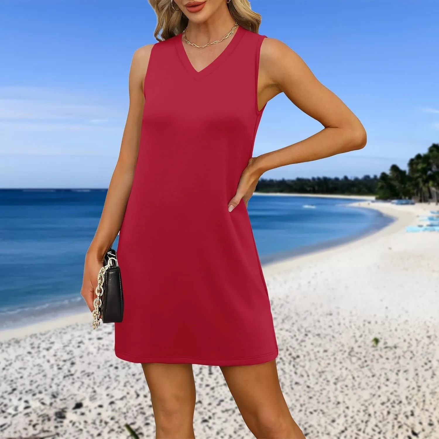 Women's Sleeveless Dresses Fashion V Neck Casual 2025 Dress with Side Slits Elegant Summer Dress Burgundy Sizes S-XL