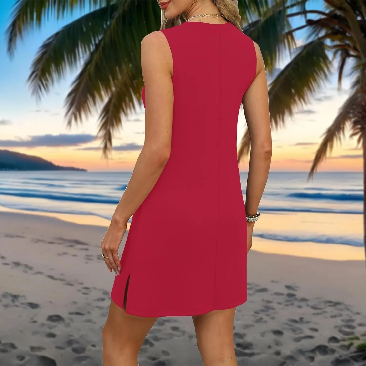Women's Sleeveless Dresses Fashion V Neck Casual 2025 Dress with Side Slits Elegant Summer Dress Burgundy Sizes S-XL
