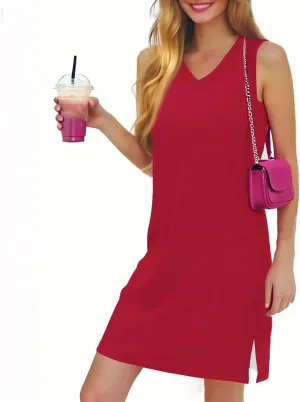 Women's Sleeveless Dresses Fashion V Neck Casual 2025 Dress with Side Slits Elegant Summer Dress Burgundy Sizes S-XL