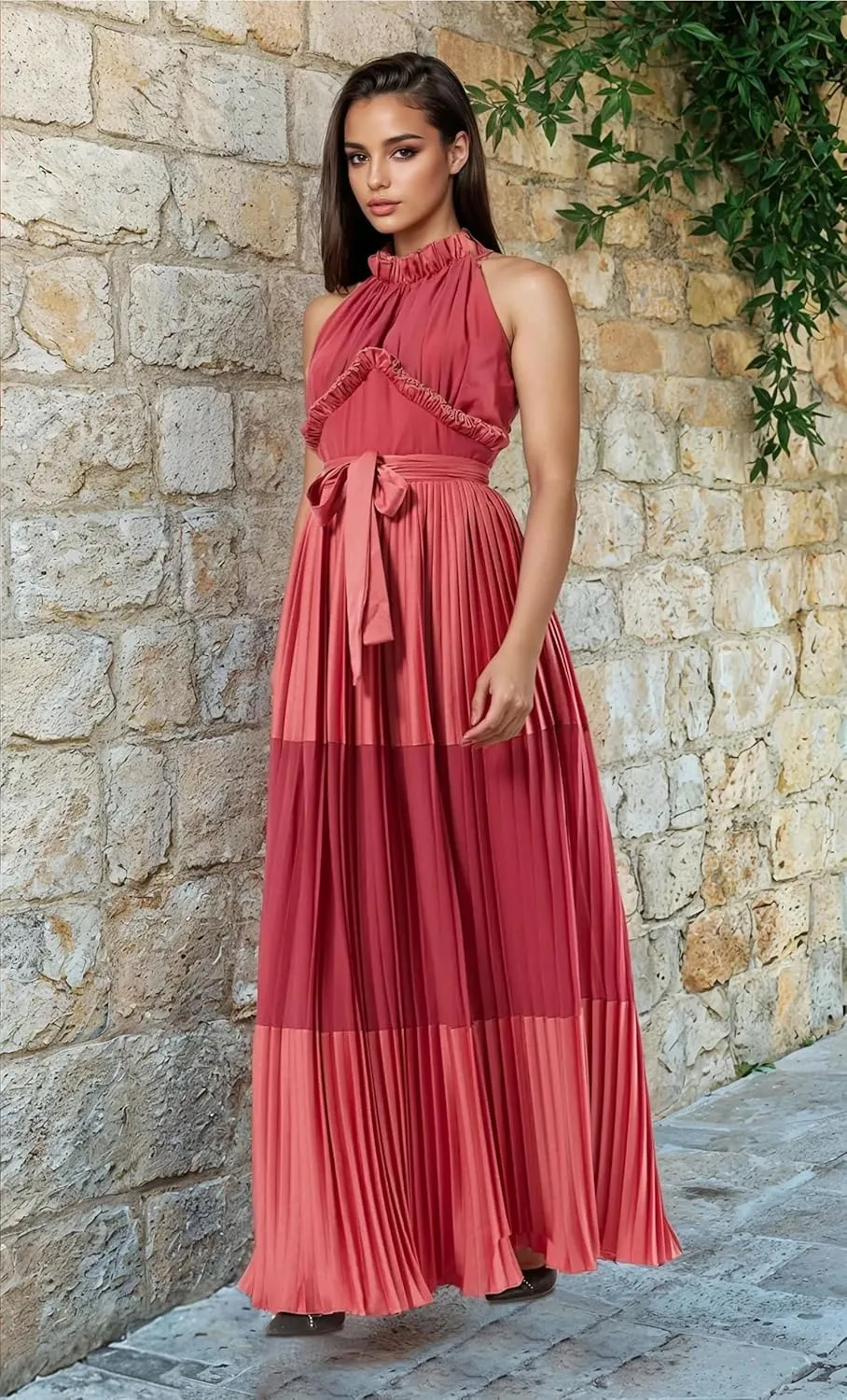 Women's Sleeveless Satin Maxi Dress  Flared Pleated Skirt, Waist Tie, Halter Neck with High Ruffled Neckline