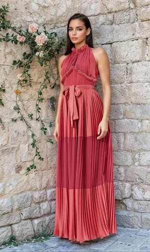 Women's Sleeveless Satin Maxi Dress  Flared Pleated Skirt, Waist Tie, Halter Neck with High Ruffled Neckline