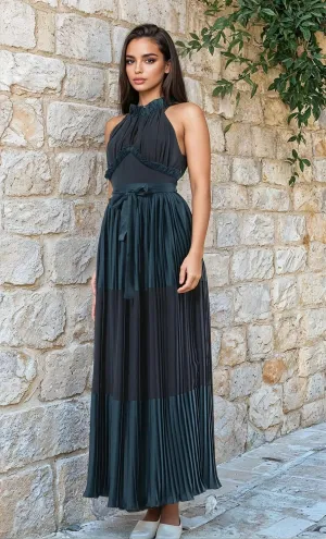 Women's Sleeveless Satin Maxi Dress  Flared Pleated Skirt, Waist Tie, Halter Neck with High Ruffled Neckline