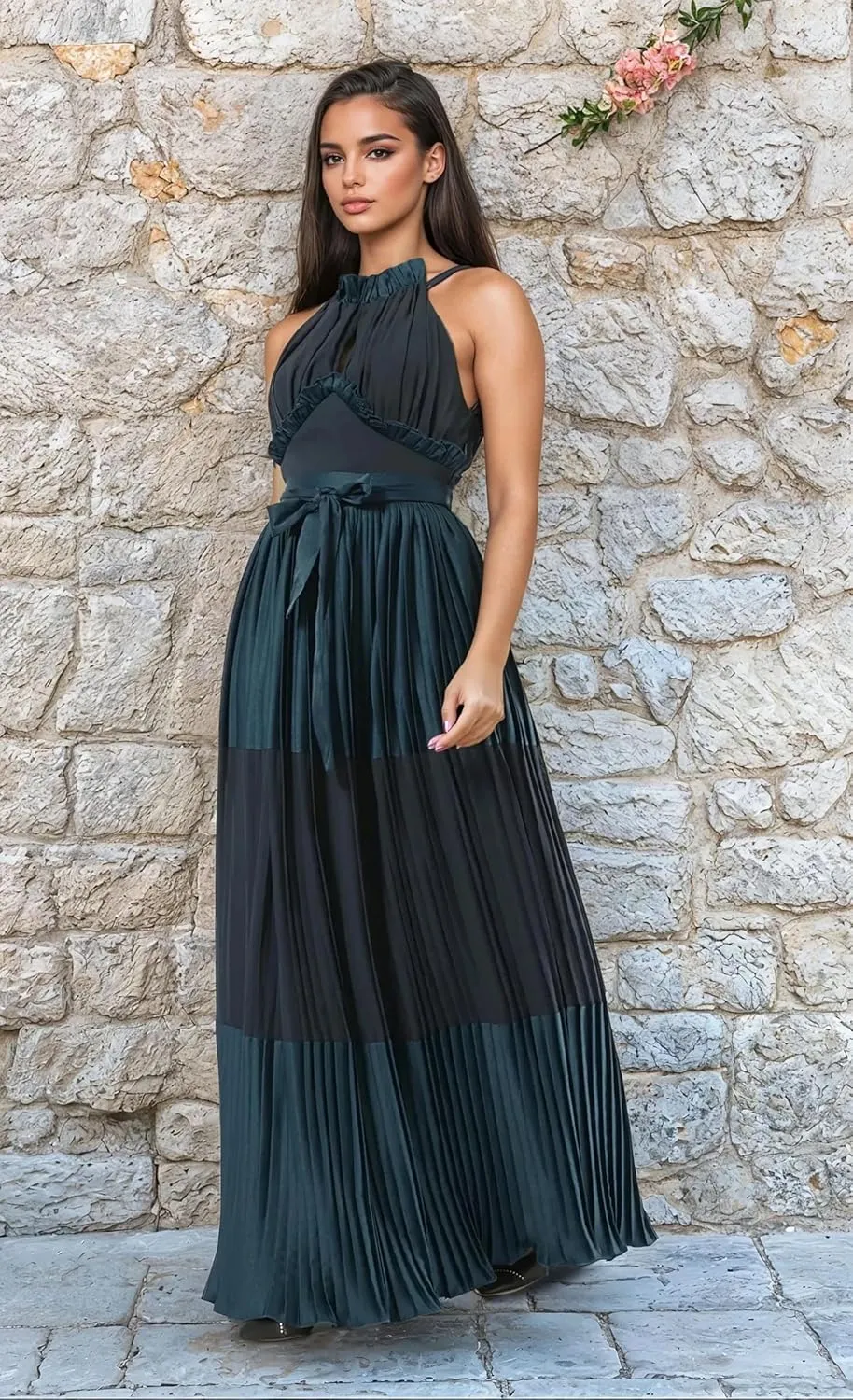 Women's Sleeveless Satin Maxi Dress  Flared Pleated Skirt, Waist Tie, Halter Neck with High Ruffled Neckline