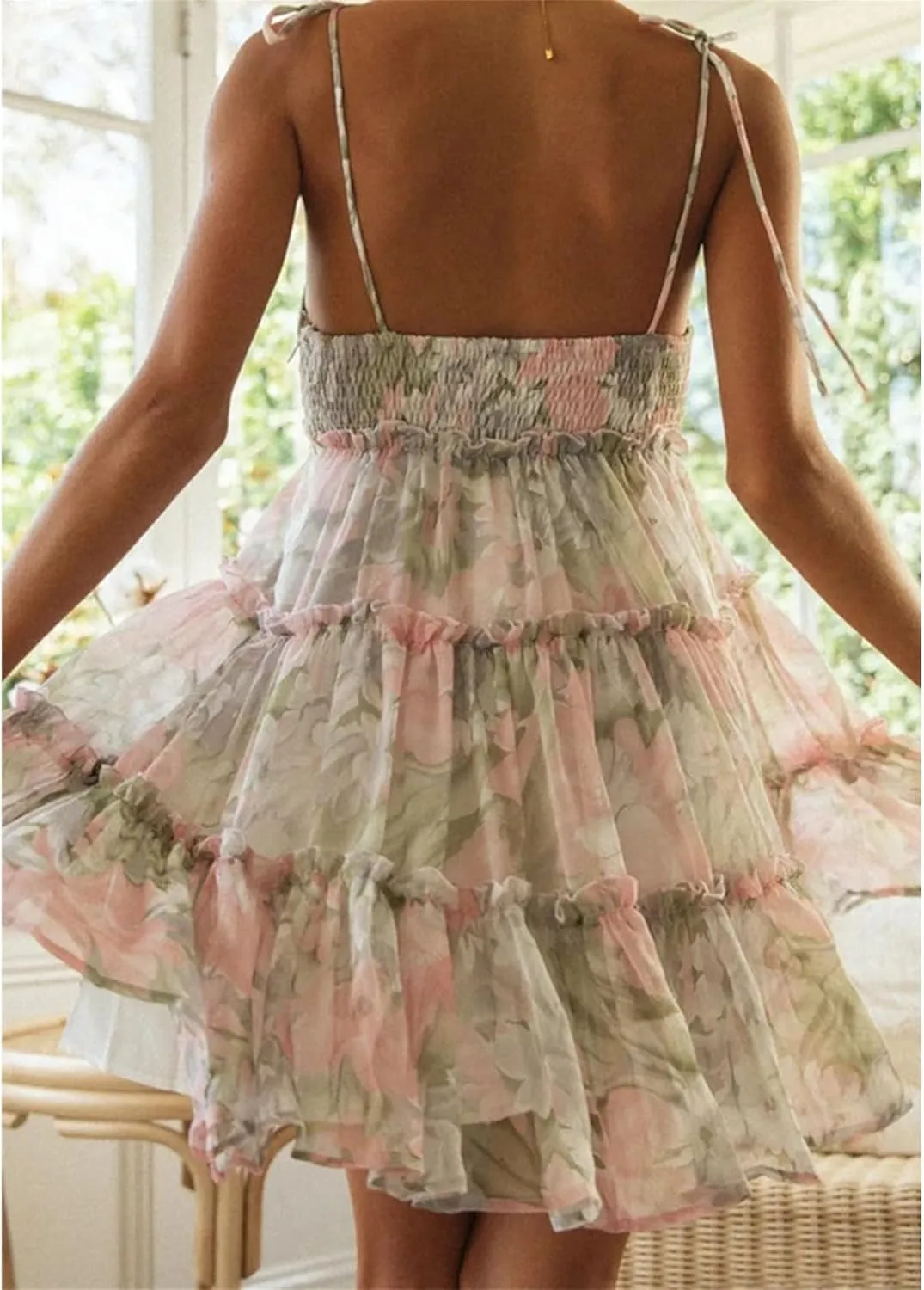 Womens Sleeveless Summer Tiered Mini Dress Spaghetti Strap Floral Smocked Beach Dress Boho Ruffle Skater Dress