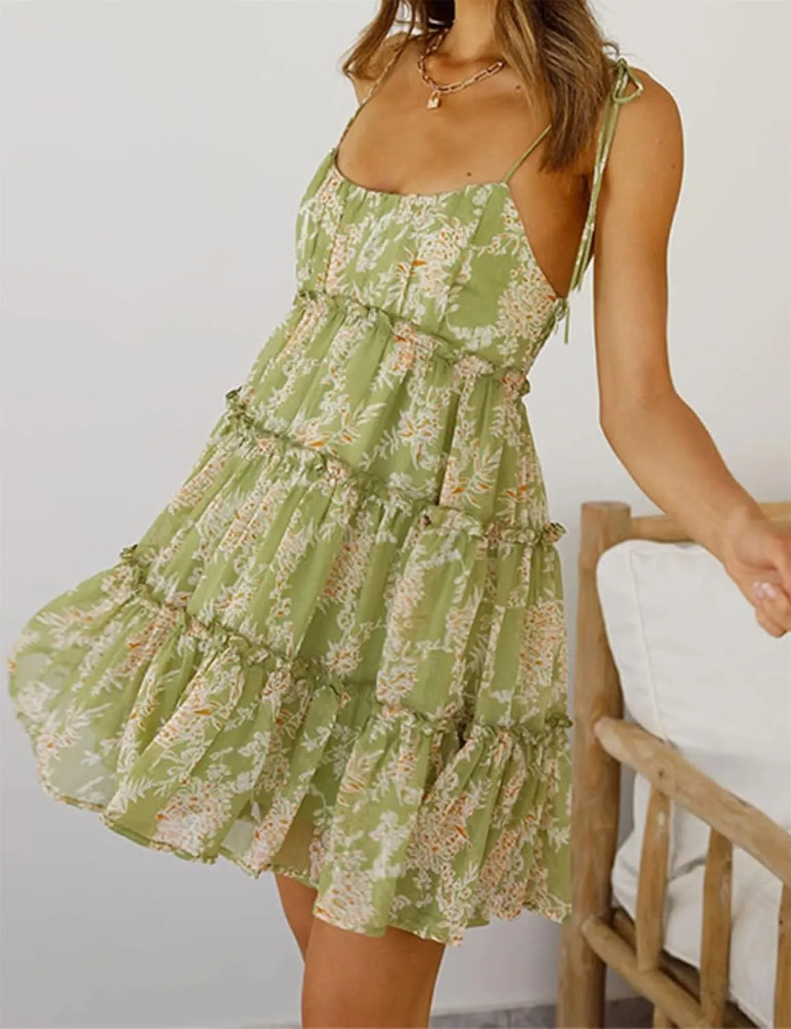 Womens Sleeveless Summer Tiered Mini Dress Spaghetti Strap Floral Smocked Beach Dress Boho Ruffle Skater Dress