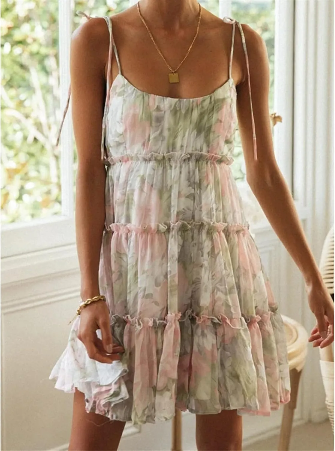 Womens Sleeveless Summer Tiered Mini Dress Spaghetti Strap Floral Smocked Beach Dress Boho Ruffle Skater Dress