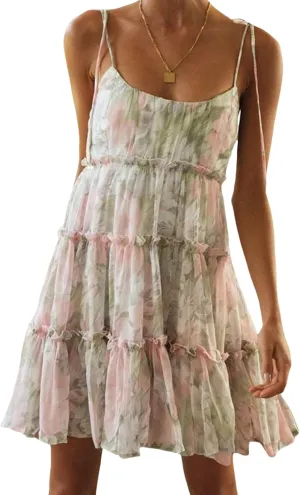 Womens Sleeveless Summer Tiered Mini Dress Spaghetti Strap Floral Smocked Beach Dress Boho Ruffle Skater Dress