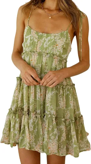 Womens Sleeveless Summer Tiered Mini Dress Spaghetti Strap Floral Smocked Beach Dress Boho Ruffle Skater Dress