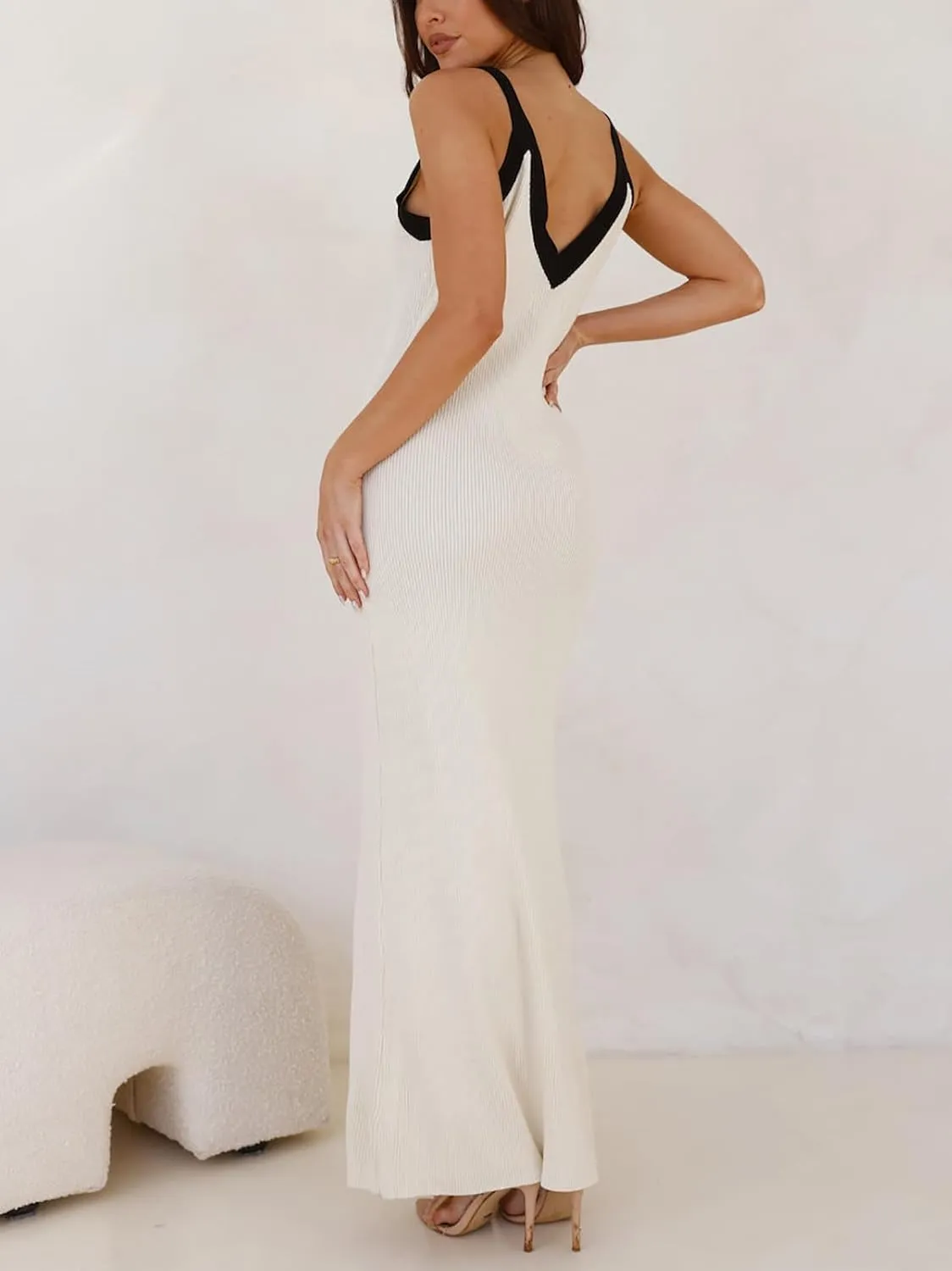 Women's Sleeveless V Neck Contrast Color Block Dress Bodycon Maxi Cocktail Party Dresses