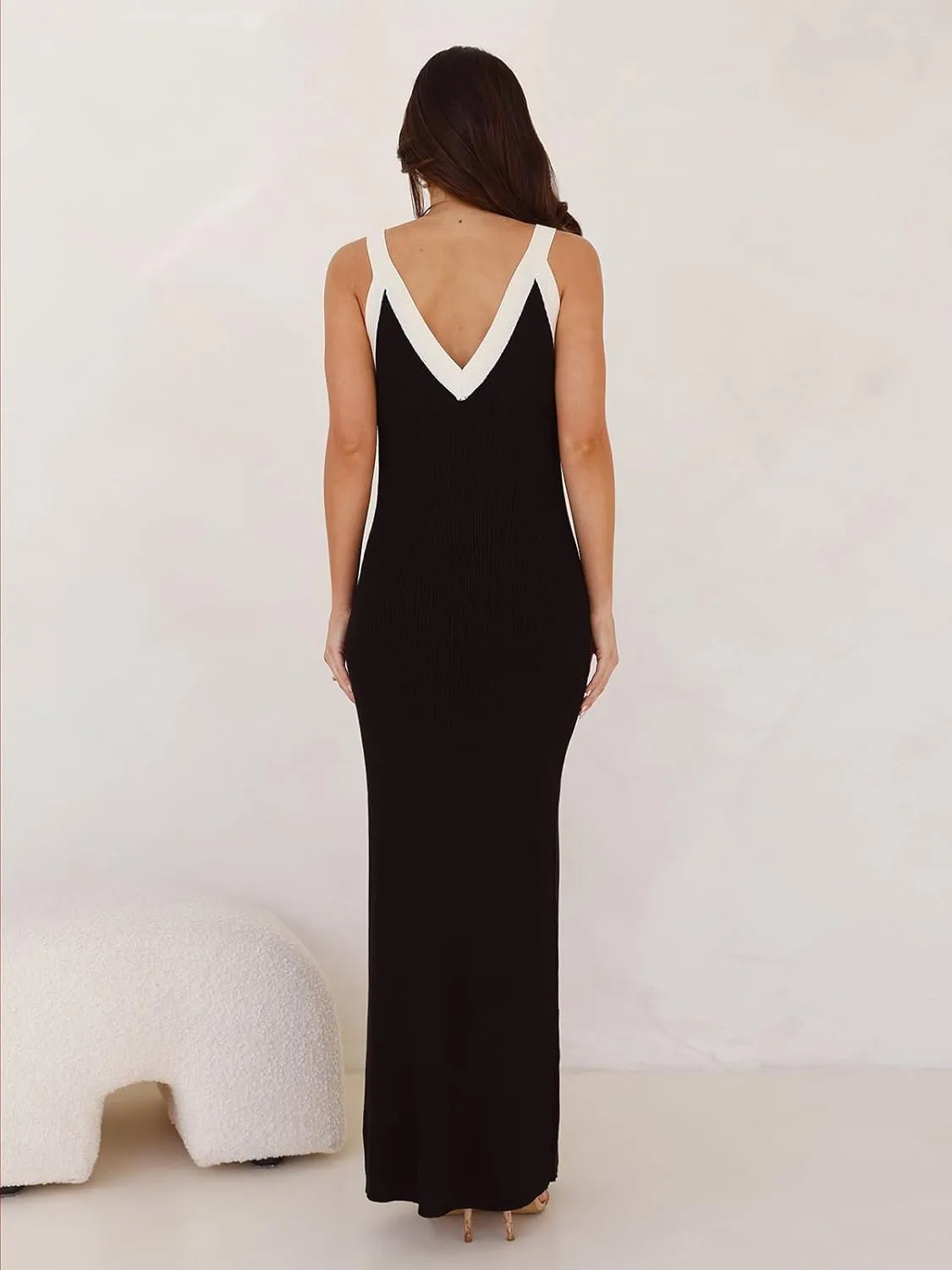 Women's Sleeveless V Neck Contrast Color Block Dress Bodycon Maxi Cocktail Party Dresses