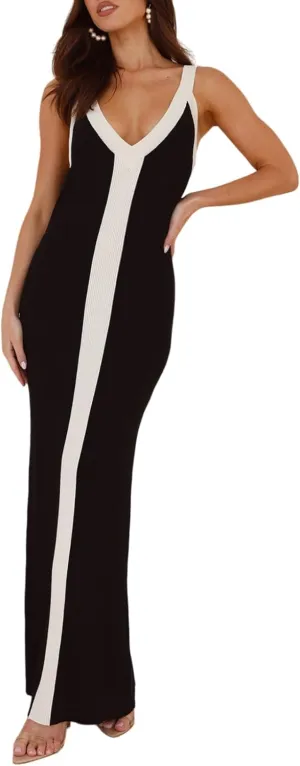 Women's Sleeveless V Neck Contrast Color Block Dress Bodycon Maxi Cocktail Party Dresses