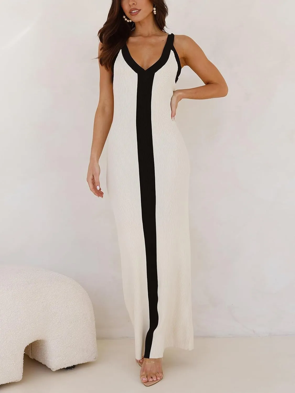 Women's Sleeveless V Neck Contrast Color Block Dress Bodycon Maxi Cocktail Party Dresses