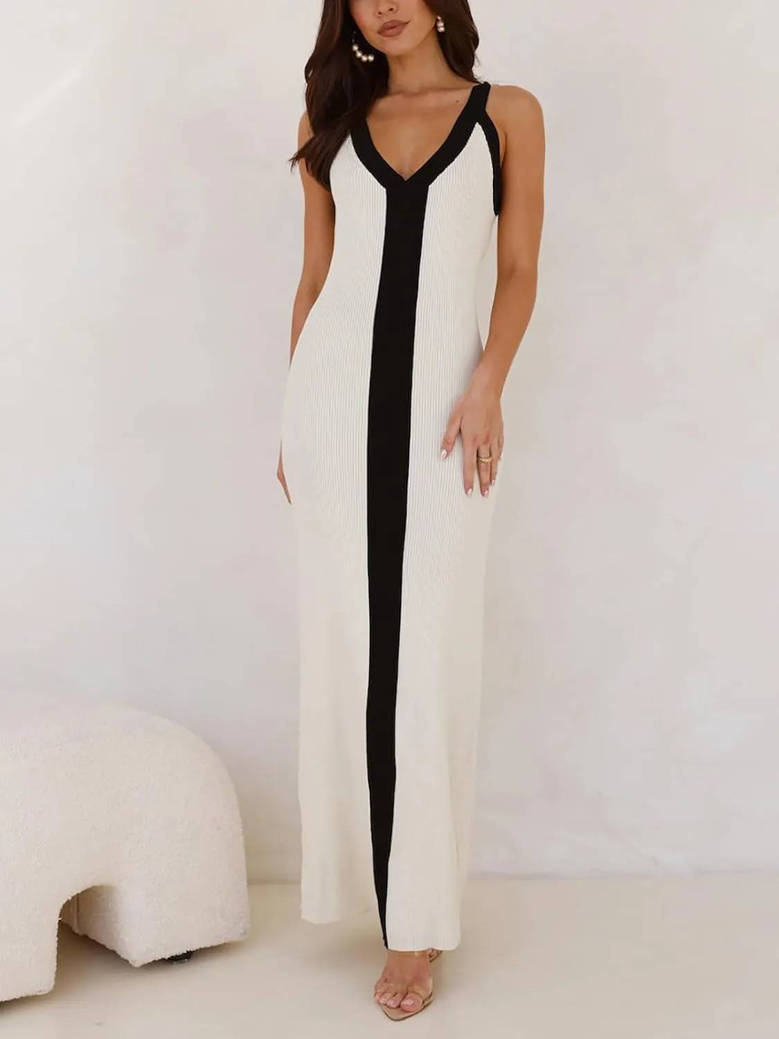 Women's Sleeveless V Neck Contrast Color Block Dress Bodycon Maxi Cocktail Party Dresses