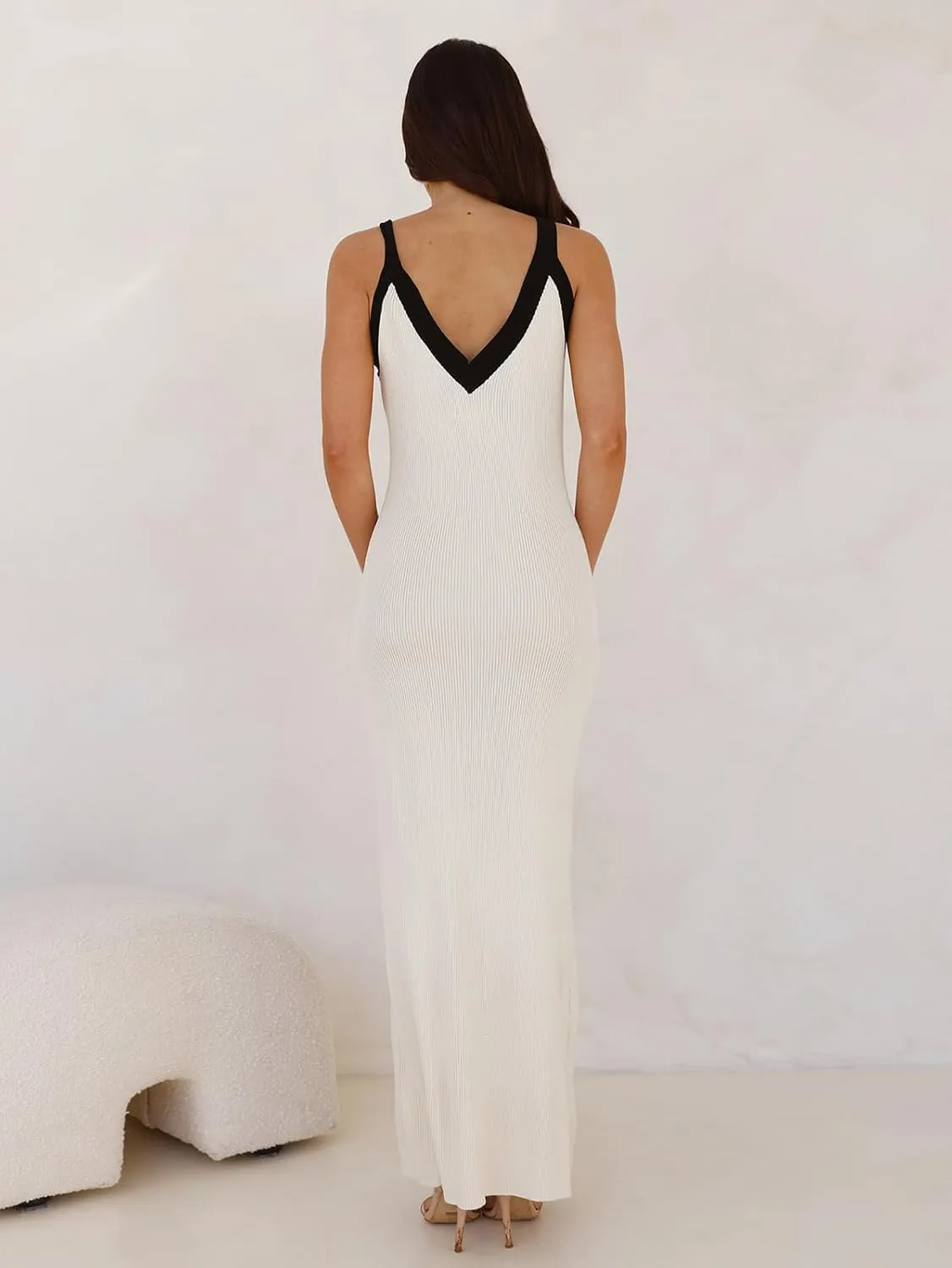 Women's Sleeveless V Neck Contrast Color Block Dress Bodycon Maxi Cocktail Party Dresses