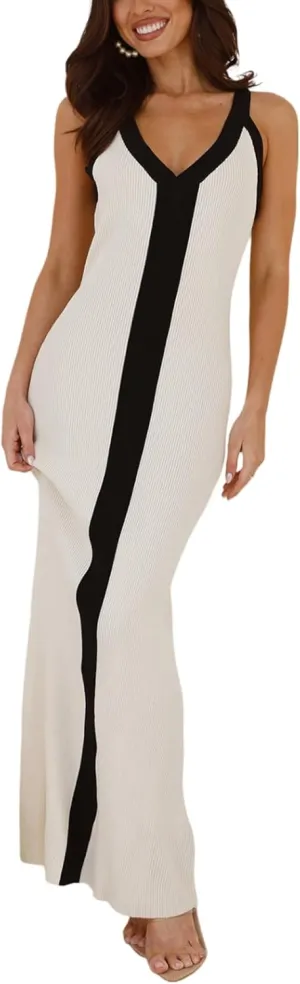 Women's Sleeveless V Neck Contrast Color Block Dress Bodycon Maxi Cocktail Party Dresses