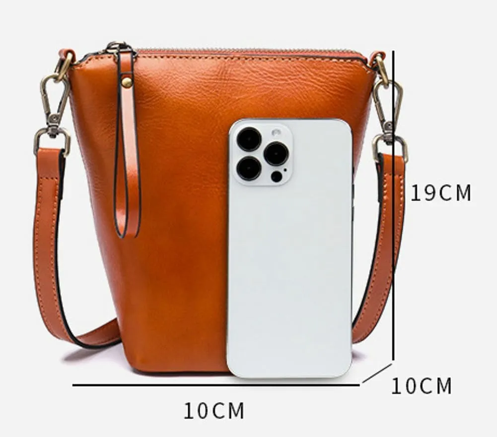 Womens Small Genuine Leather Crossbody Phone Purse Mini Bucket Shoulder Tote Bag Handbag with Adjustable Strap