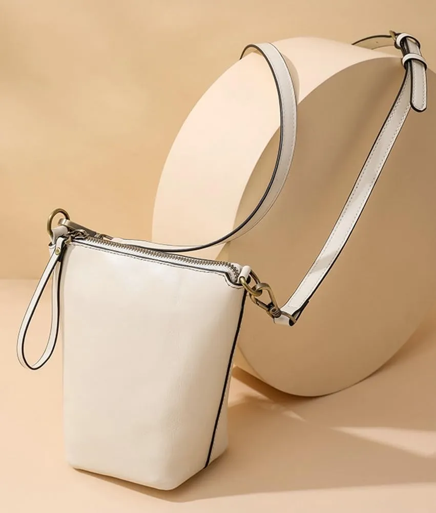 Womens Small Genuine Leather Crossbody Phone Purse Mini Bucket Shoulder Tote Bag Handbag with Adjustable Strap