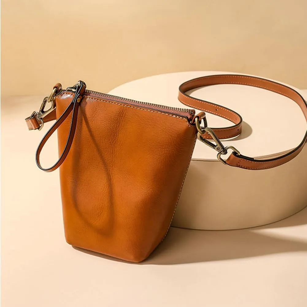 Womens Small Genuine Leather Crossbody Phone Purse Mini Bucket Shoulder Tote Bag Handbag with Adjustable Strap