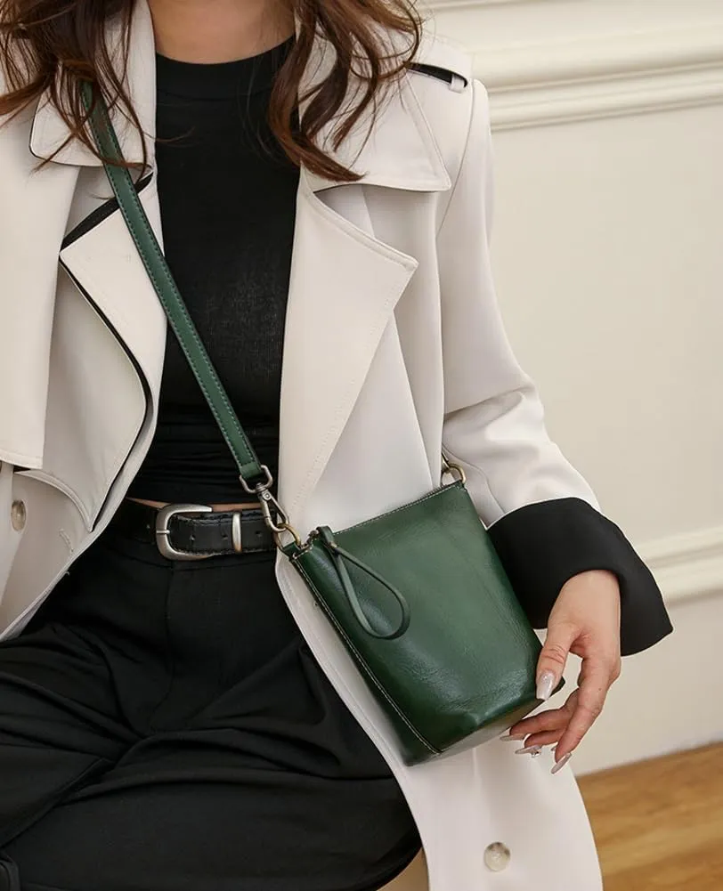 Womens Small Genuine Leather Crossbody Phone Purse Mini Bucket Shoulder Tote Bag Handbag with Adjustable Strap